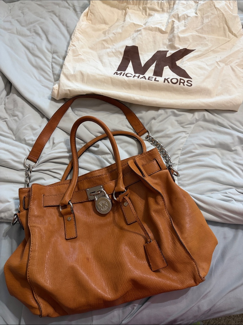 Michael Kors Cognac Leather Shoulder Tote with MK Lock